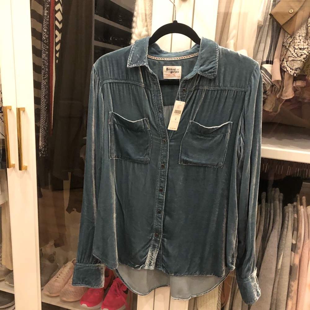 Anthropologie Blue velvet button down top
